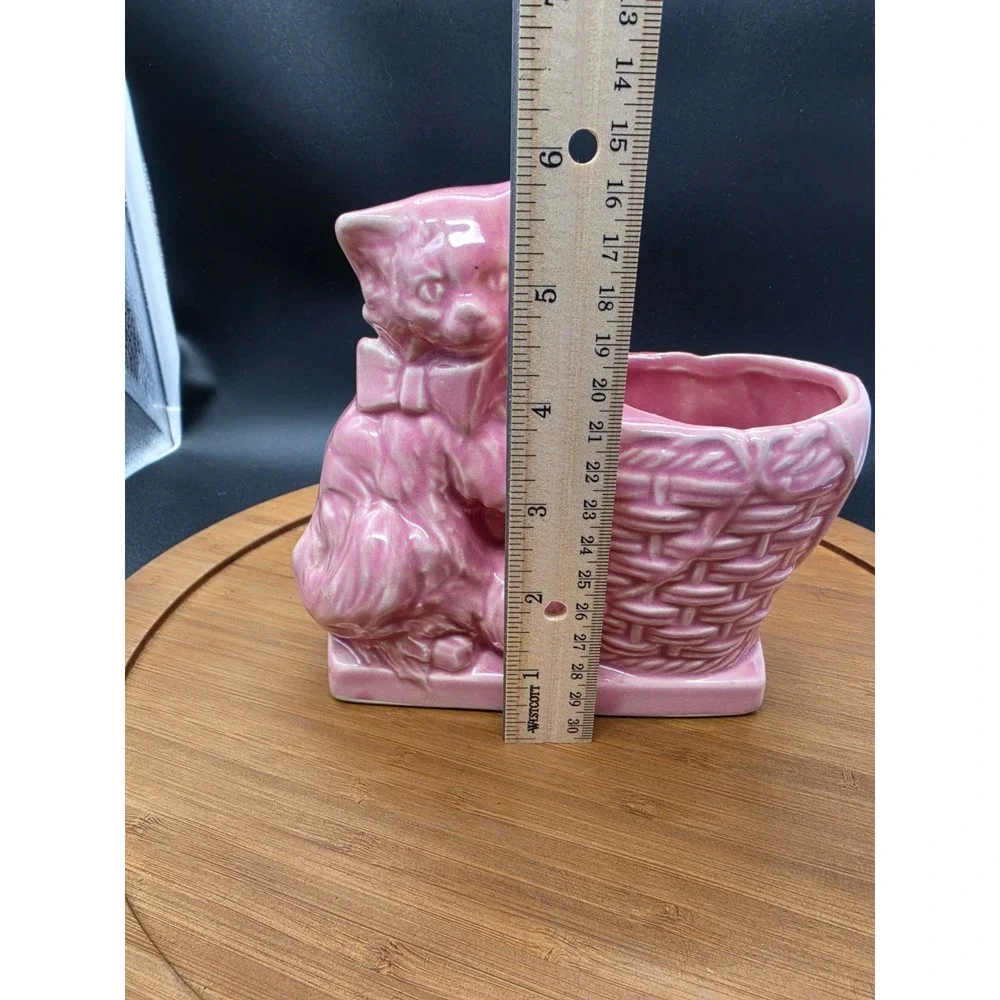 Vintage 1940s Nelson McCoy Pink Cat w/ Basket Planter Ceramic Succulent Planter